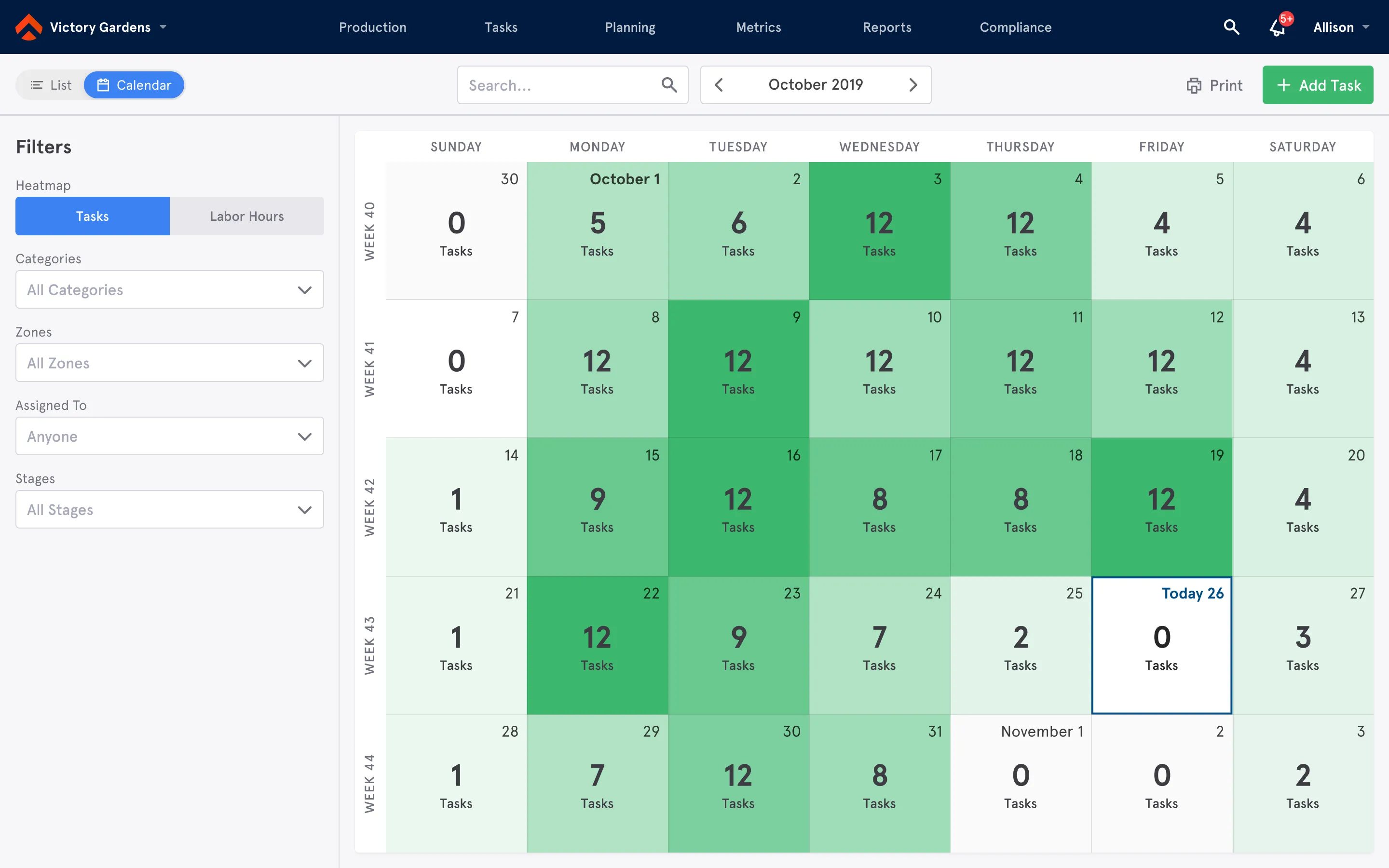 Artemis task calendar showing planned work